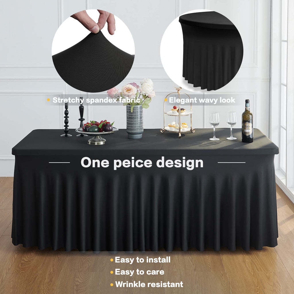 2 Pack Black Spandex Tablecloths for 4 ft Rectangle Tables, Wrinkle Free Fitted Table Covers 4 Foot StretchyTable
