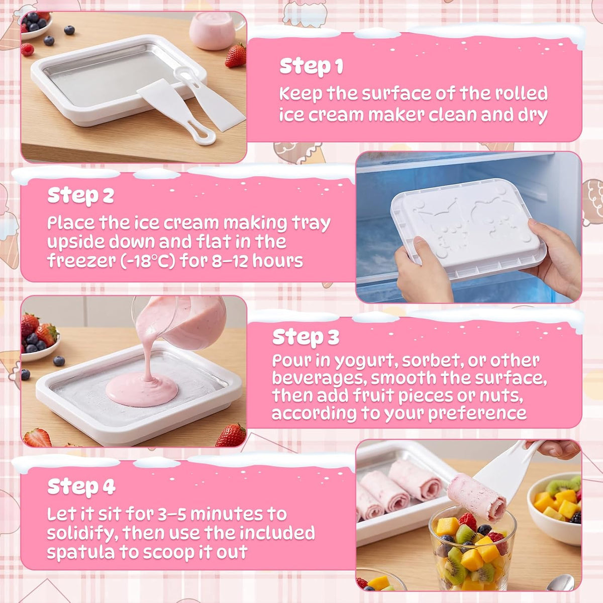 2 Sets Rolled Ice Cream Maker, Ice Cream Plate with 2 Scrapers