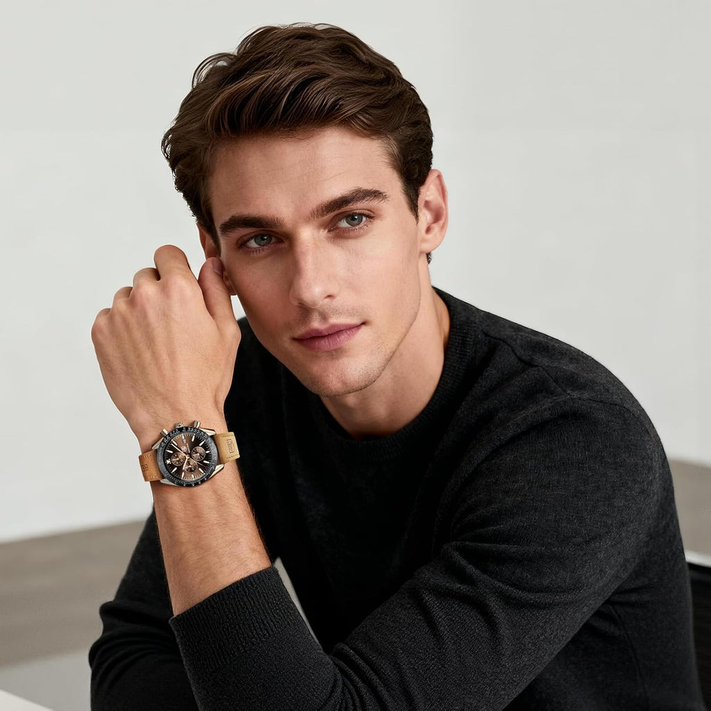 Watches for Men, Analog Quartz Movement Chronograph Wrist Watch, Leather/Stainless Steel/Silicone Strap, Business