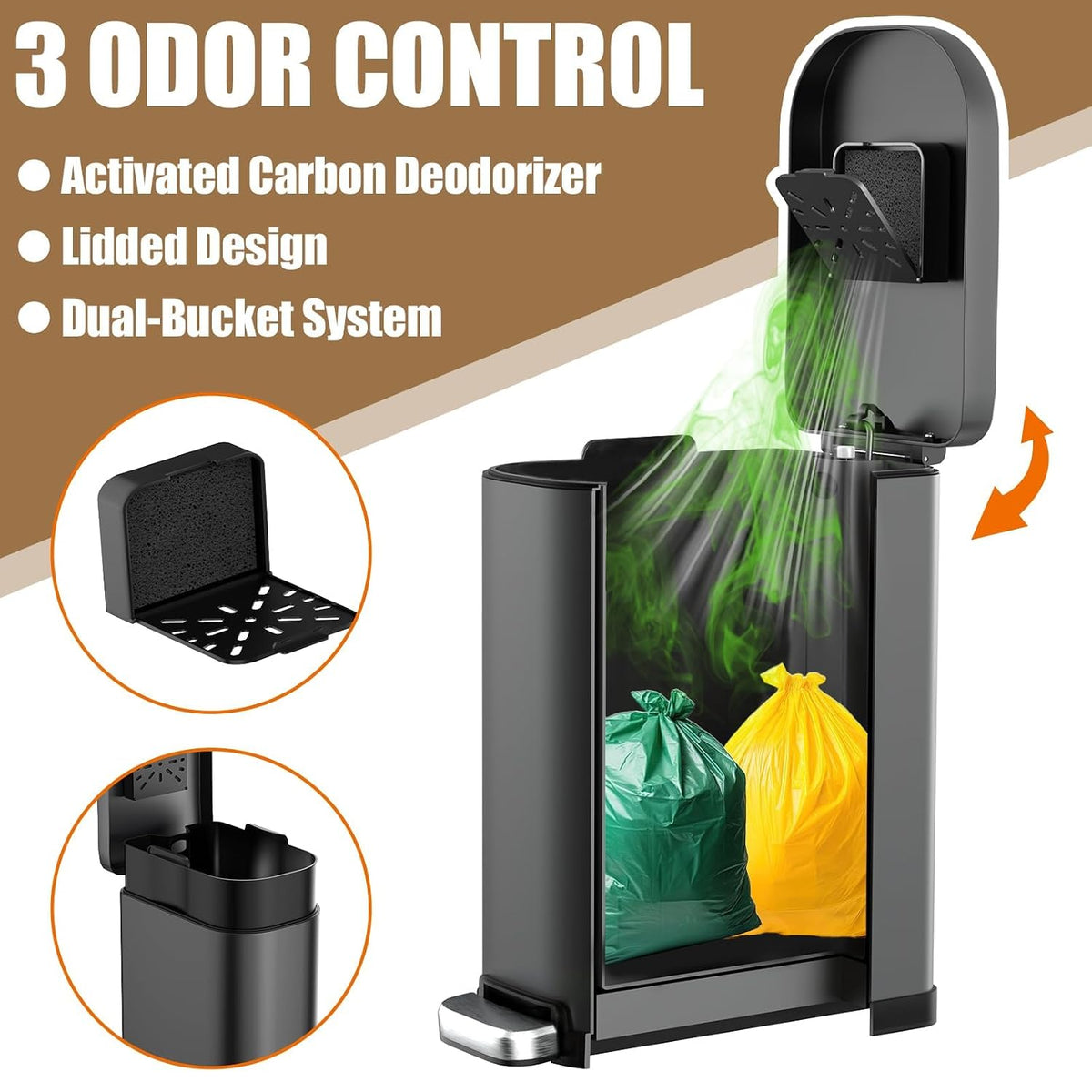 Dog Poop Trash Can Outside with Odor Control Lid & Step Pedal, 3.2Gal Stainless Steel Outdoor Trash Can, Waterproof