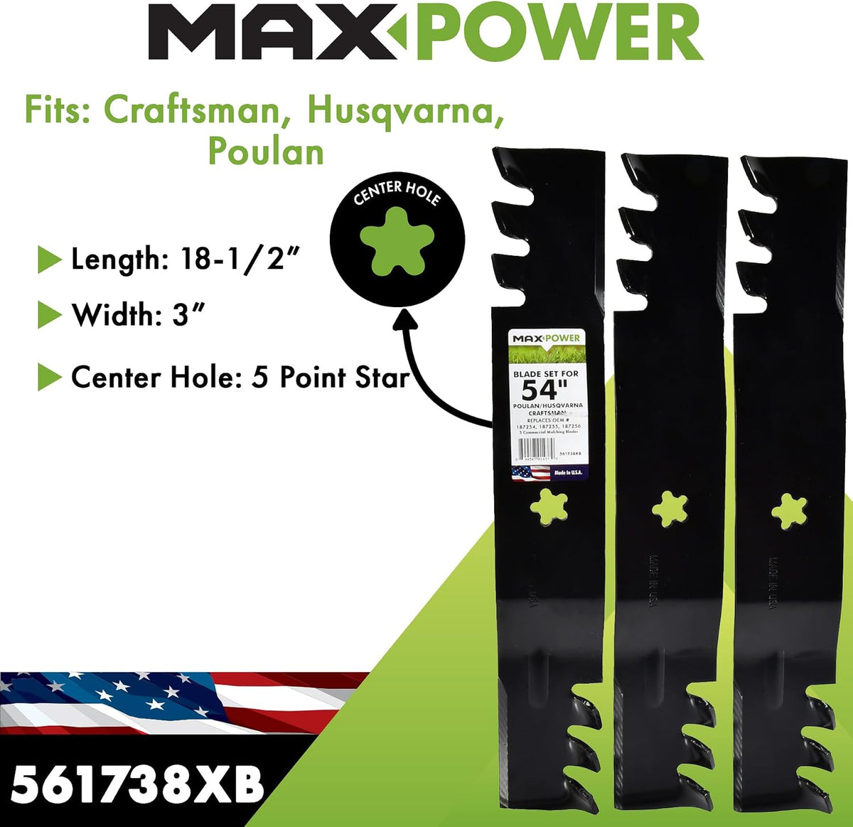MaxPower 561738XB USA MADE 3 Blade Commercial Mulching Set