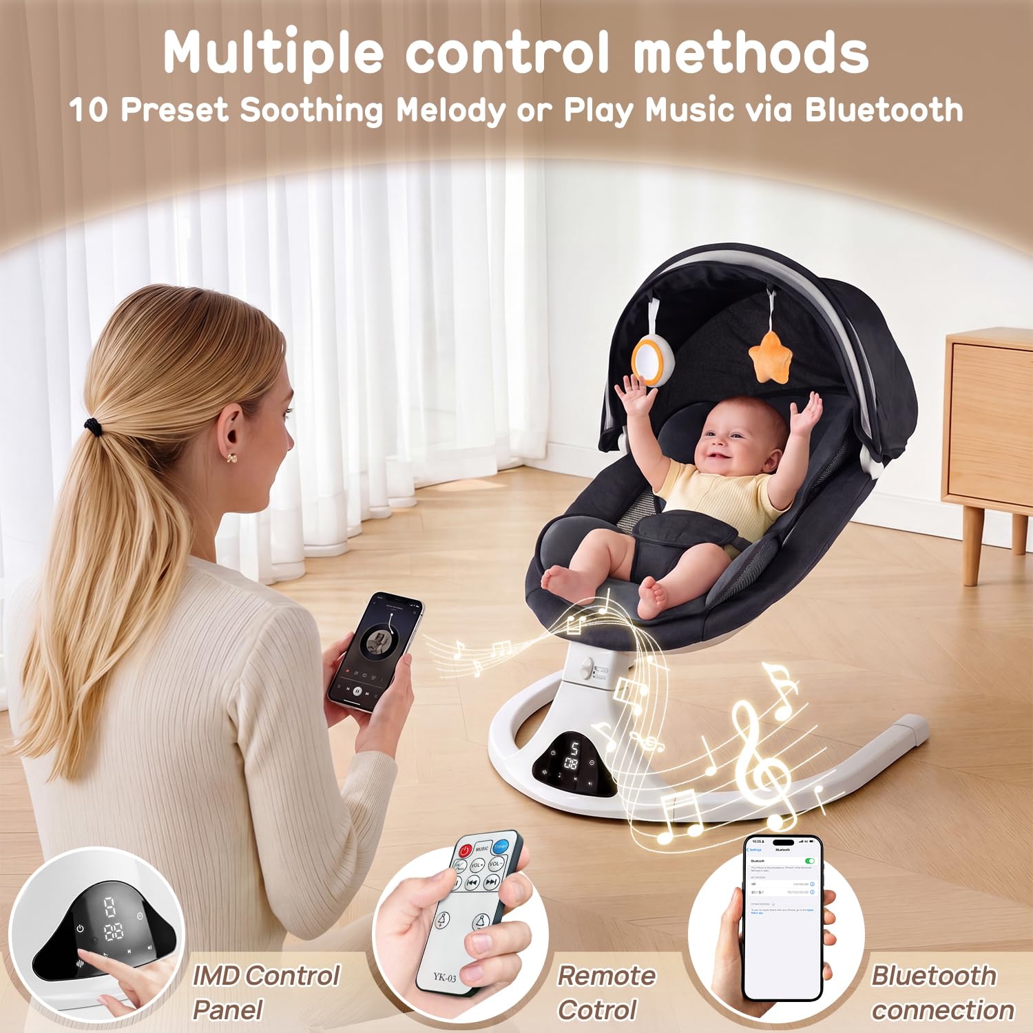 Electric Baby Swing for Infants to Toddler| Portable Infant Swing with Remote Control, Rocker with 5 Speeds, 3-Point