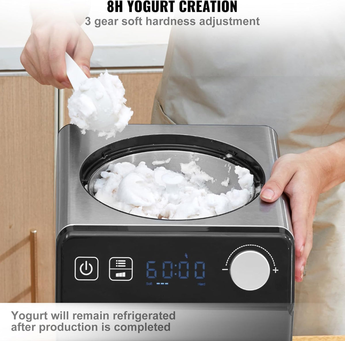 Upright Automatic Ice Cream Maker with Built-in Compressor, 2 Quart No Pre-freezing Fruit Yogurt Machine, Stainless