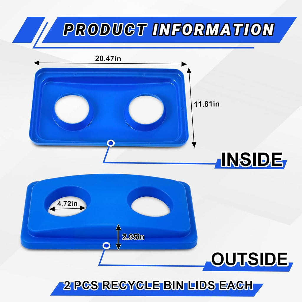 2 Pcs Recycle Bin Lids Each with Two Bottles & Cans Openings Plastic Blue Fit 23 Gallon Slim Trash Can for Waste