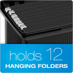 Portable File Box with File Rails, Hinged Lid with Double Latch Closure, Black, 3 Black Letter Size Hanging Folders