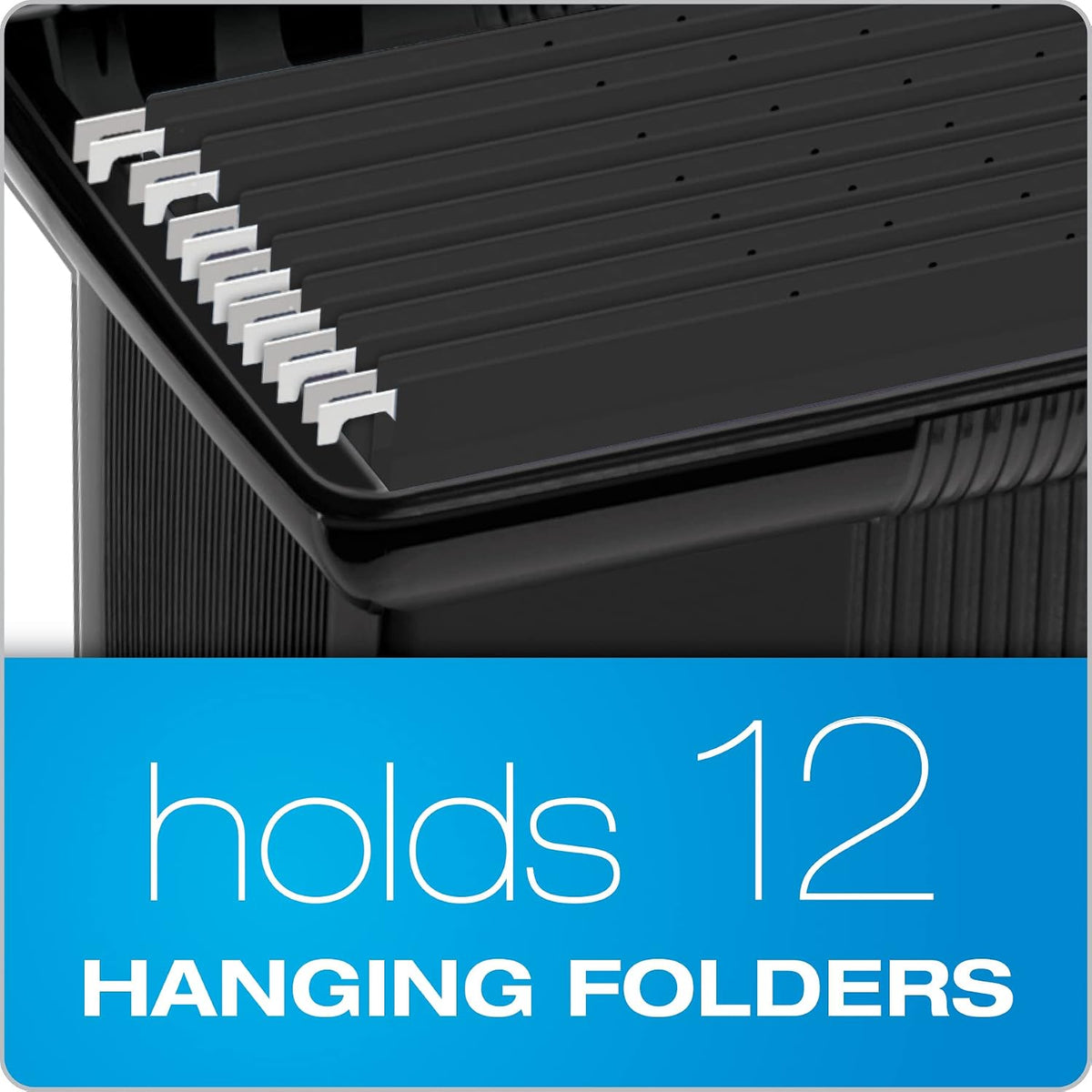 Portable File Box with File Rails, Hinged Lid with Double Latch Closure, Black, 3 Black Letter Size Hanging Folders