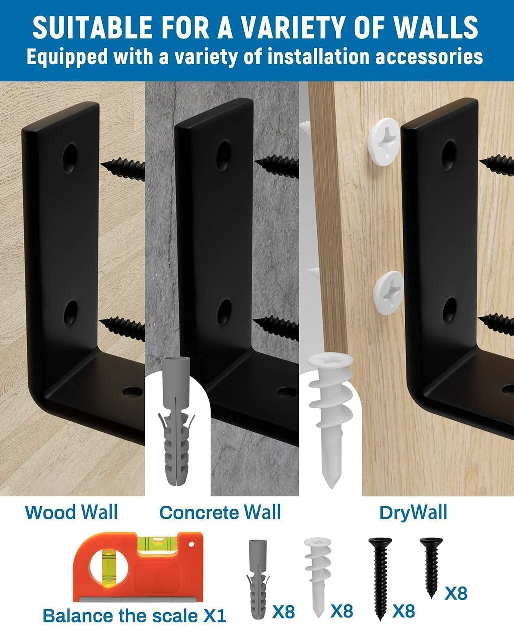 Shelf Brackets 12 inch, 4-Pack 1/5 inch Thick Floating Shelf Bracket