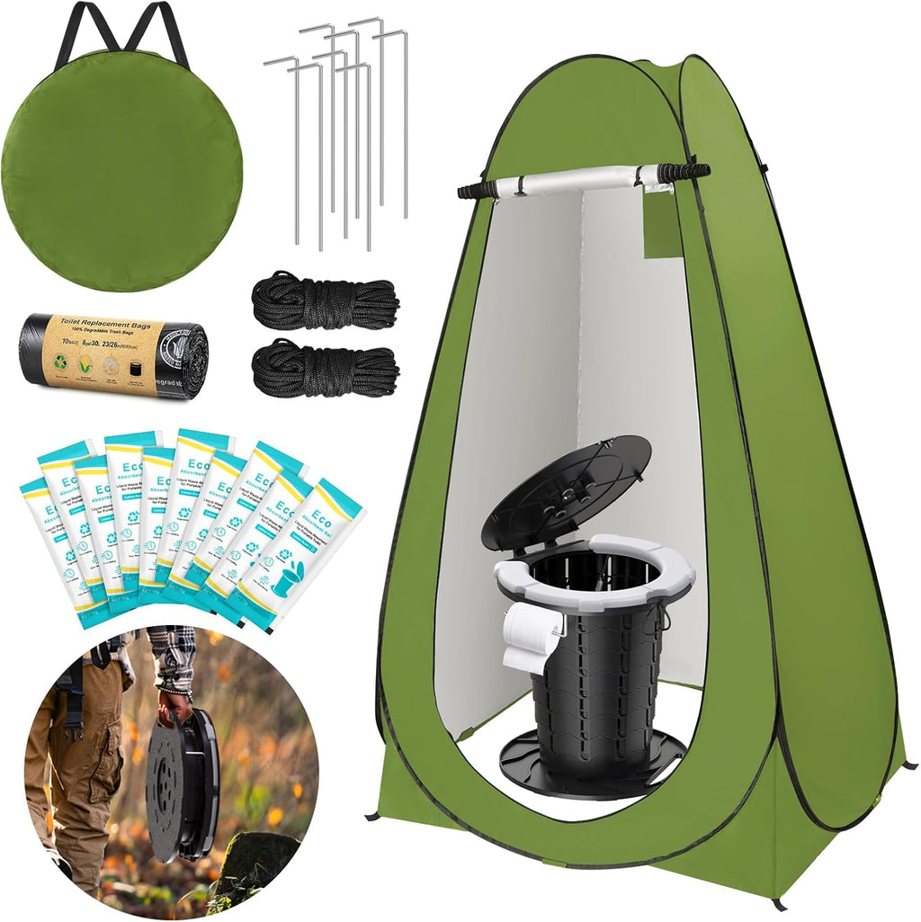 Portable Toilet Kit for Camping, Camp Toilet with Pop-Up Privacy Tent, Toilet Bags and Absorbent Gel, Foldable
