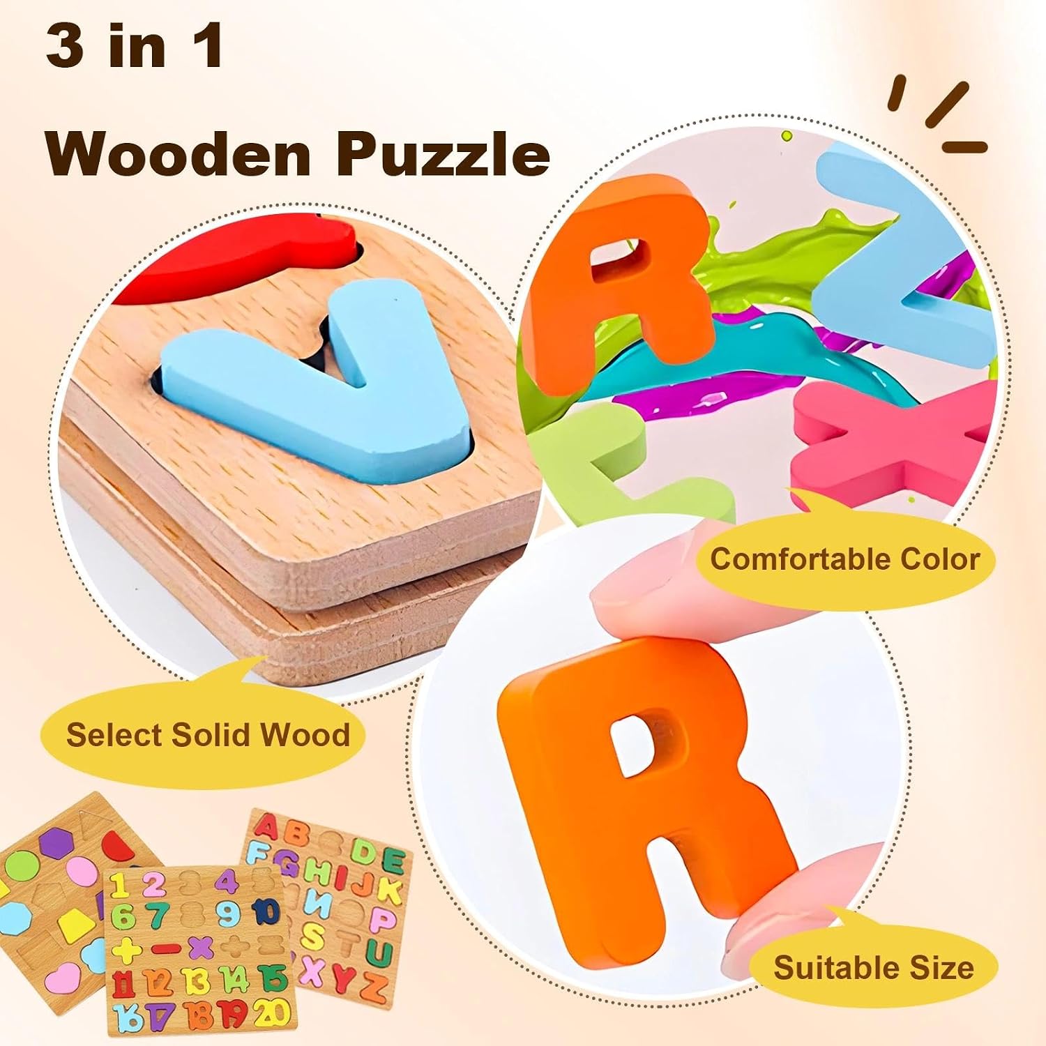 Wooden Puzzles for Toddlers 3-5, Boys & Girls, Montessori Toddler | 3 in 1 Wooden Puzzle, Alphanumeric Graphics