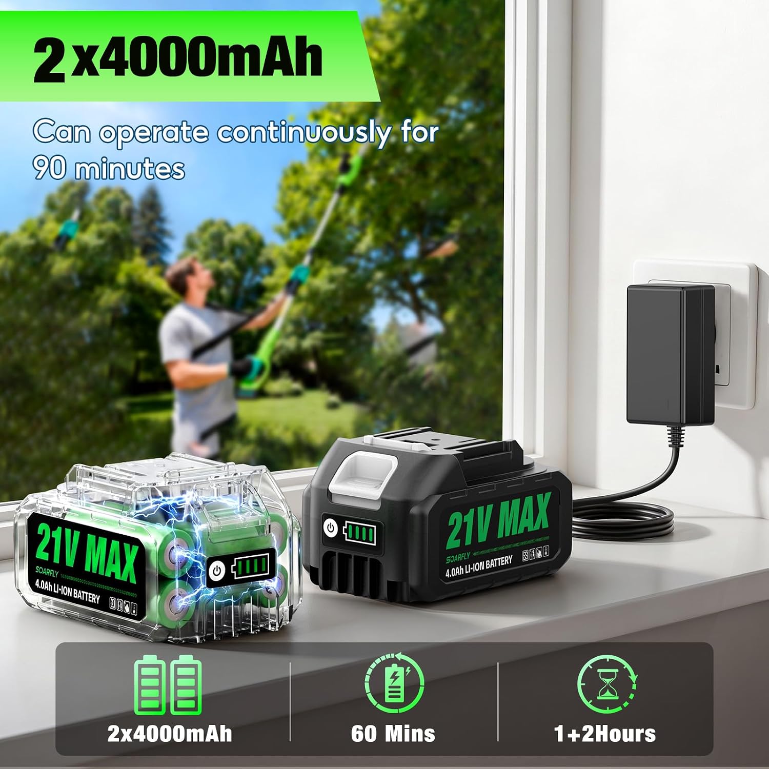 2 in 1 Pole Hedge Trimmer Cordless & Handheld Hedge Trimmer with 2 Pcs 4.0Ah Battery & Charger, 20V Electric Hedge