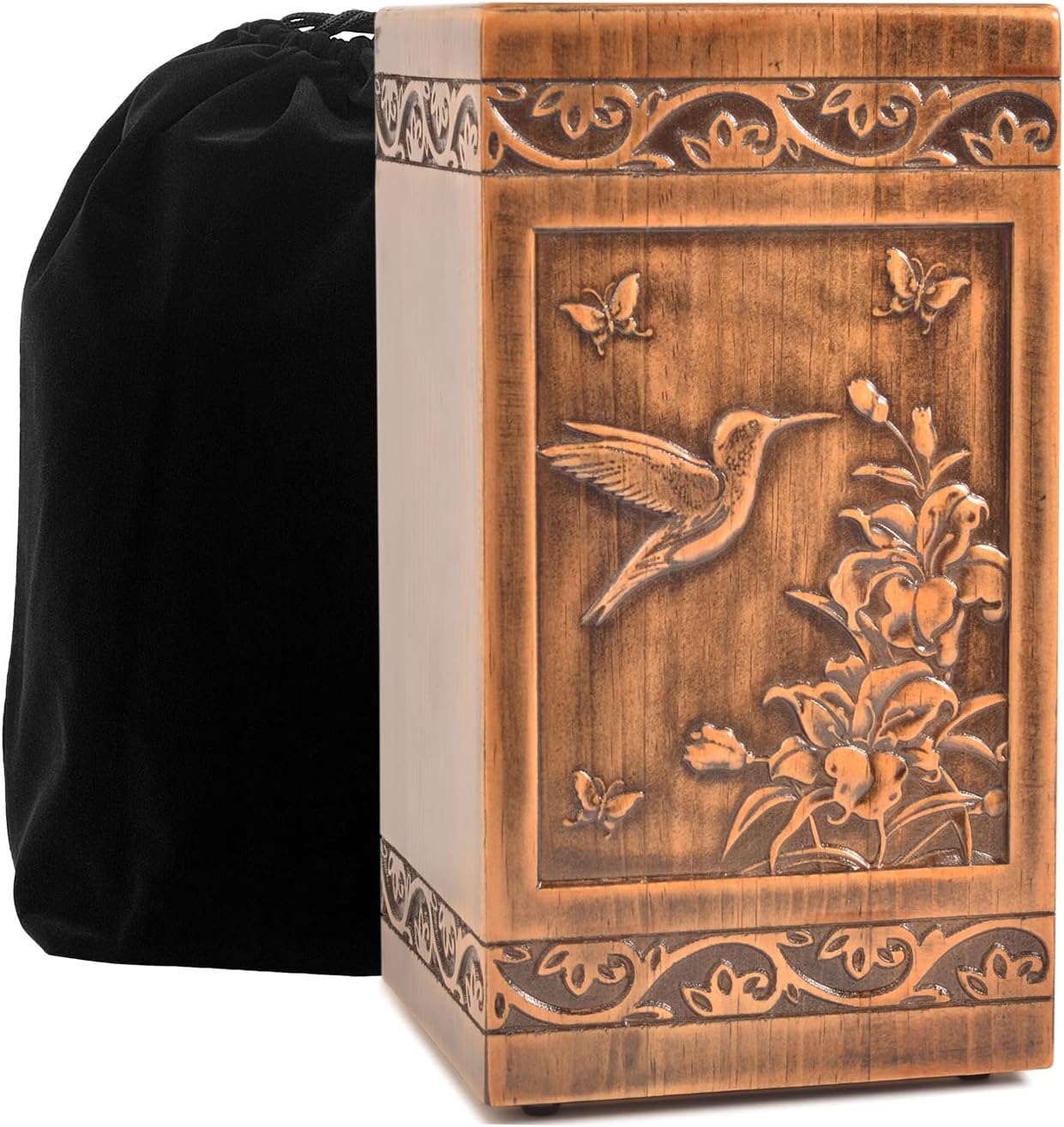Handmade Wooden Engraved Urn for Human Ashes 250lbs Adult Male Female Satin Bag Hummingbird Cremation urns Box