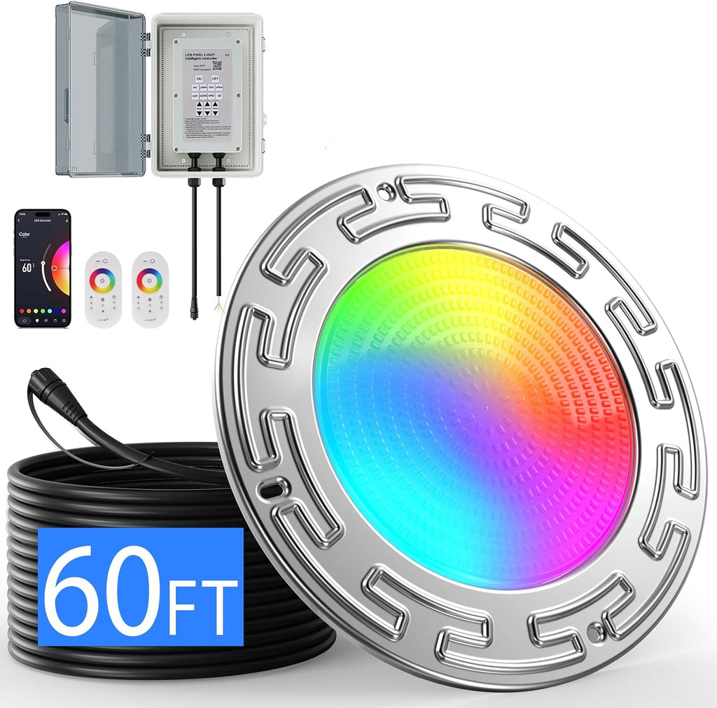 60Ft 6Inch WiFi Spa Led Pool Lights for Inground Pool with Triple Control (Remote/APP/Controller), 20W Muti-Color