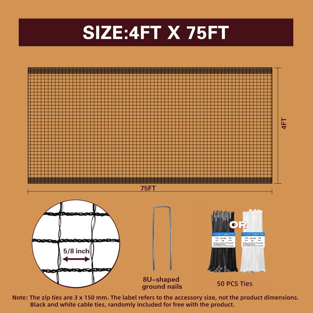 Plastic Mesh Fence Deer Fencing 4x75ft,Reinforced Edges,55gsm Heavy Duty Temporary Fence,Ideal for Garden