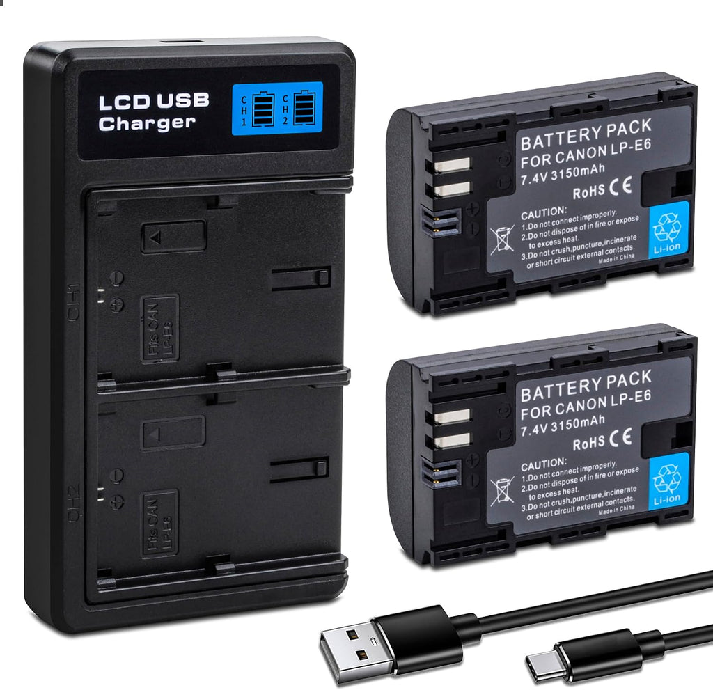 2-pack LP-E6 LP-E6N Batteries with Dual Charger for Canon EOS 5D Mark II | 5D Mark III, 5D Mark IV, 5DS, 5DS R, 6D