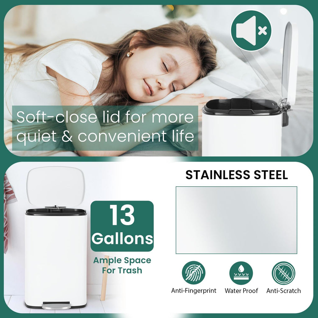 Kitchen Trash Can 13 Gallon Stainless Steel White Trash Can | 50L Kitchen Garbage Can with Removable Inner Bucket and