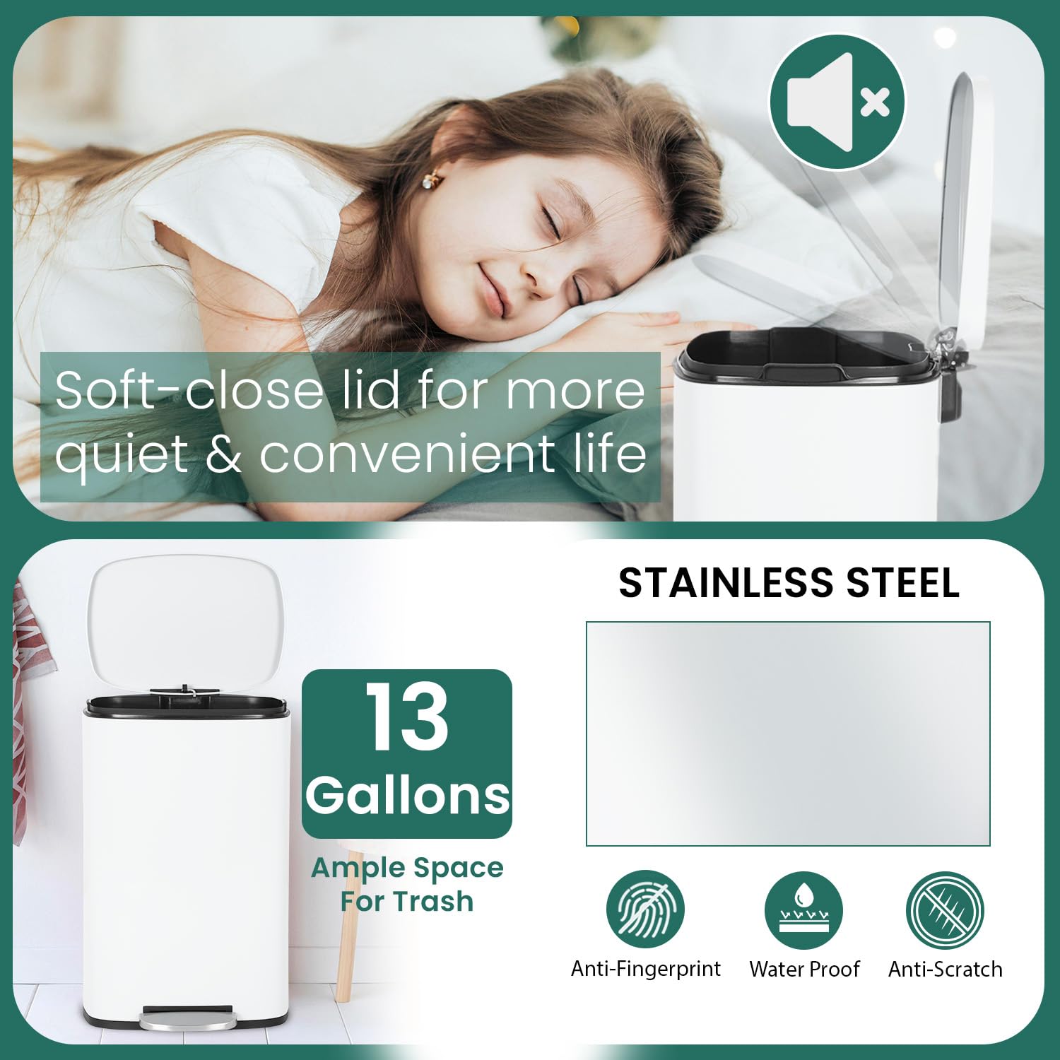 Kitchen Trash Can 13 Gallon Stainless Steel White Trash Can | 50L Kitchen Garbage Can with Removable Inner Bucket and