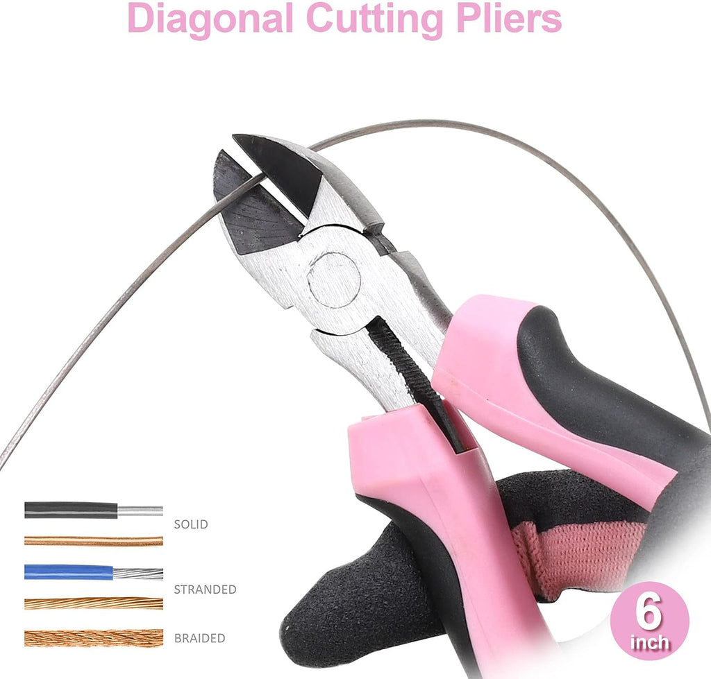 5-Piece Pink Utility Pliers Set with Storage Bag, Includes Groove Joint, Diagonal, Long Nose, Slip Joint Pliers and