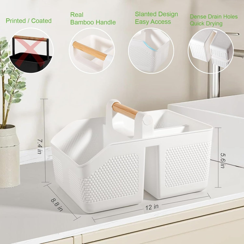 Shower Caddy Portable with Bamboo Handle, Plastic Basket Cleaning Caddy Organizer Storage Tote for Bathroom, College