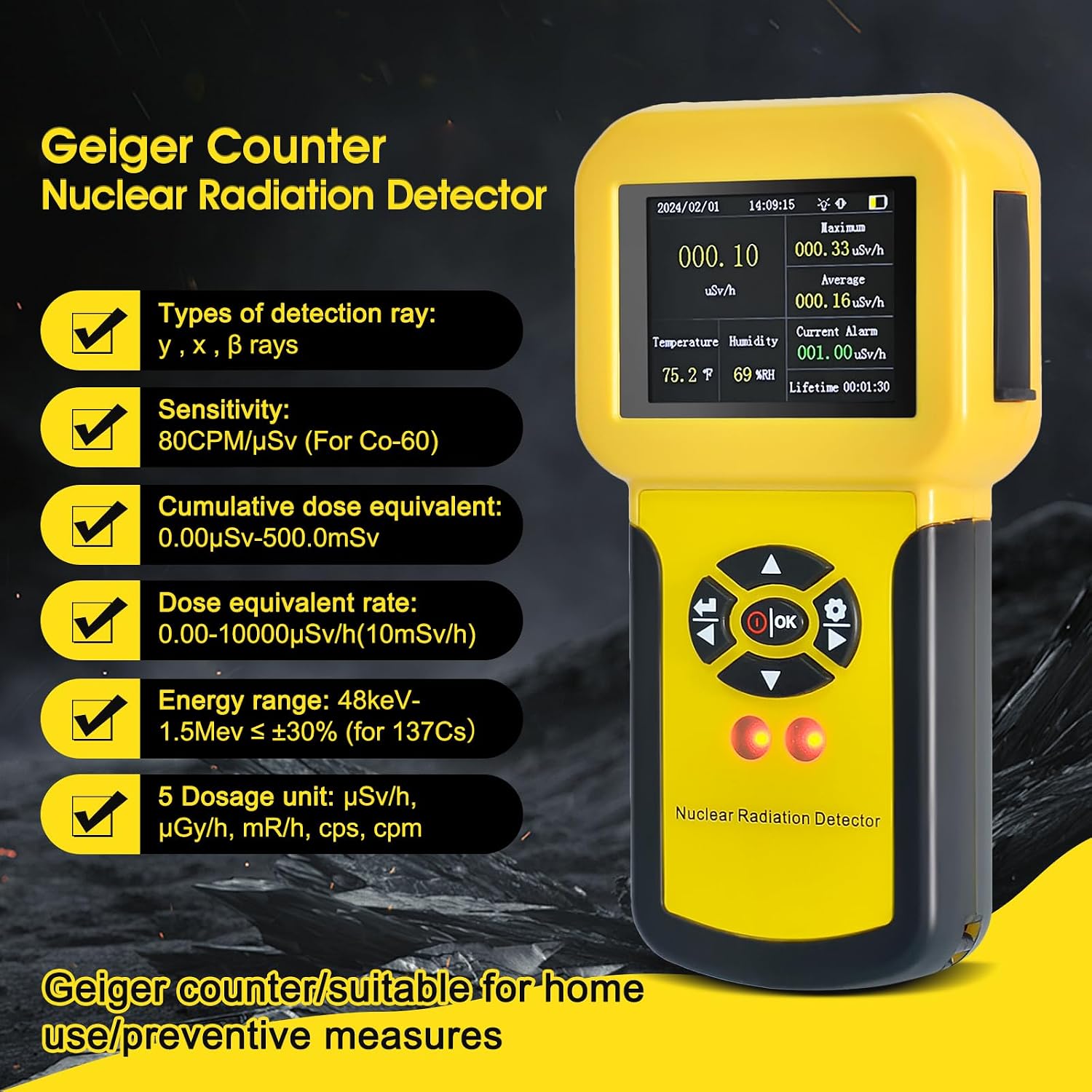 Geiger Counter Radiation Detectors, 0.0μSv-500mSv Nuclear Radiation Meter | Radioactive Detector Detect Beta Gamma
