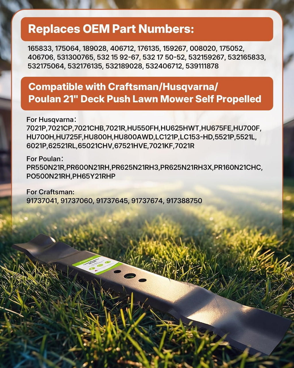 331737B Mulching Blade, 21-Inch Professional Lawn Mower Blade for Craftsman, Husqvarna, Poulan Mowers, Replaces OEM no. 165833, 175052, 406712, 532175064, 594893001, 175064