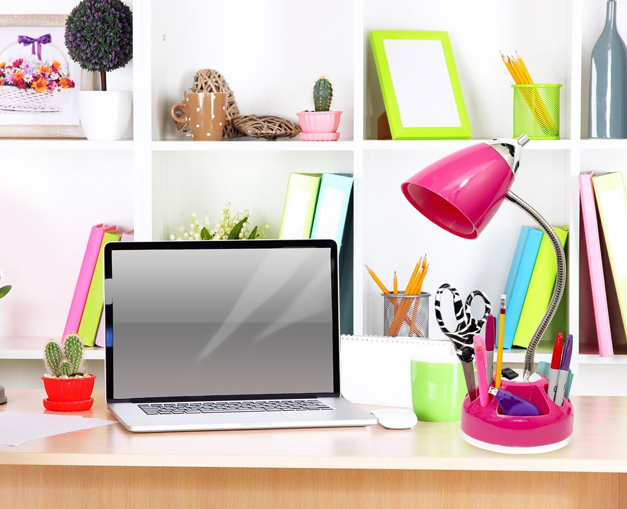 LD1015-PNK Flossy Organizer Desk Lamp with Charging Outlet and Lazy Susan Base, Pink