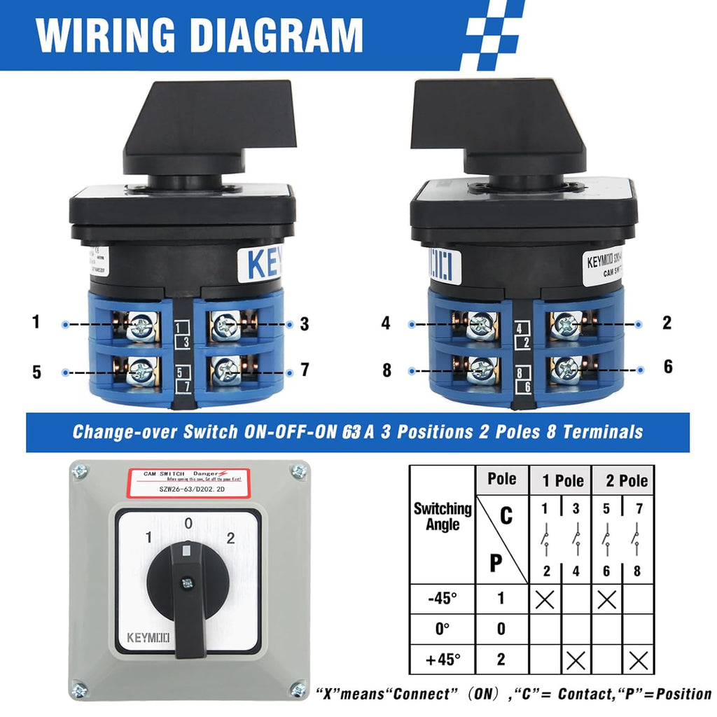 63A 660V 2 Pole Rotary Changeover Switch with Outer Box, 3 Position ON-Off-ON, 2NO 2NC 8 Terminals Universal Selector Switch for Motor Control, Electric Power Control