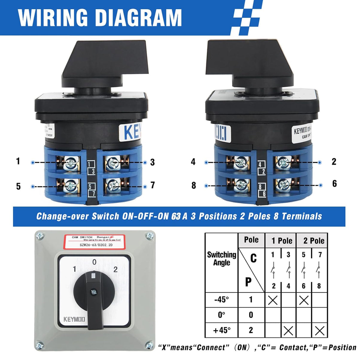 63A 660V 2 Pole Rotary Changeover Switch with Outer Box, 3 Position ON-Off-ON, 2NO 2NC 8 Terminals Universal Selector Switch for Motor Control, Electric Power Control