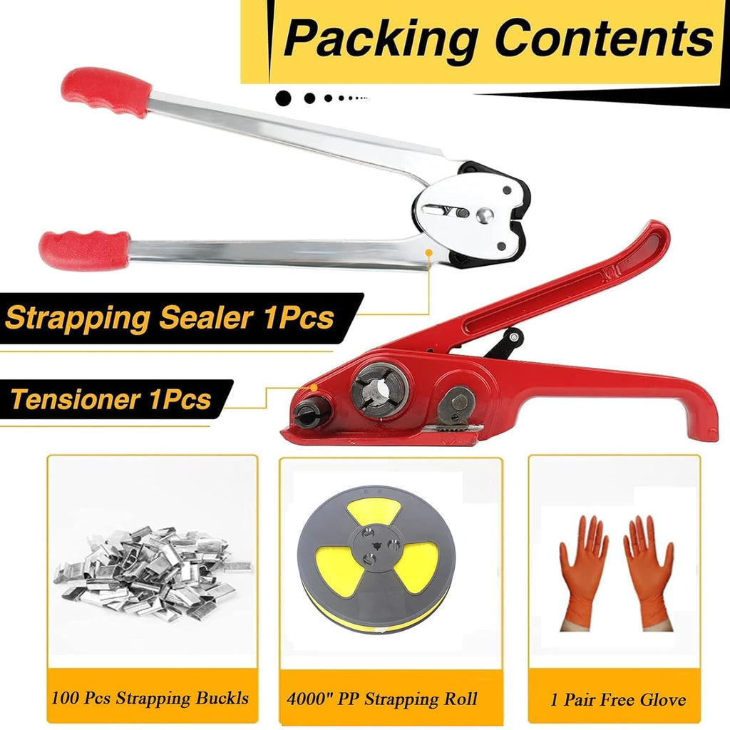 Packaging Banding Strapping Kit, Poly Strapping Tensioner, | 4000" PP Strapping Band,100 Pcs Metal Seals, Sealer