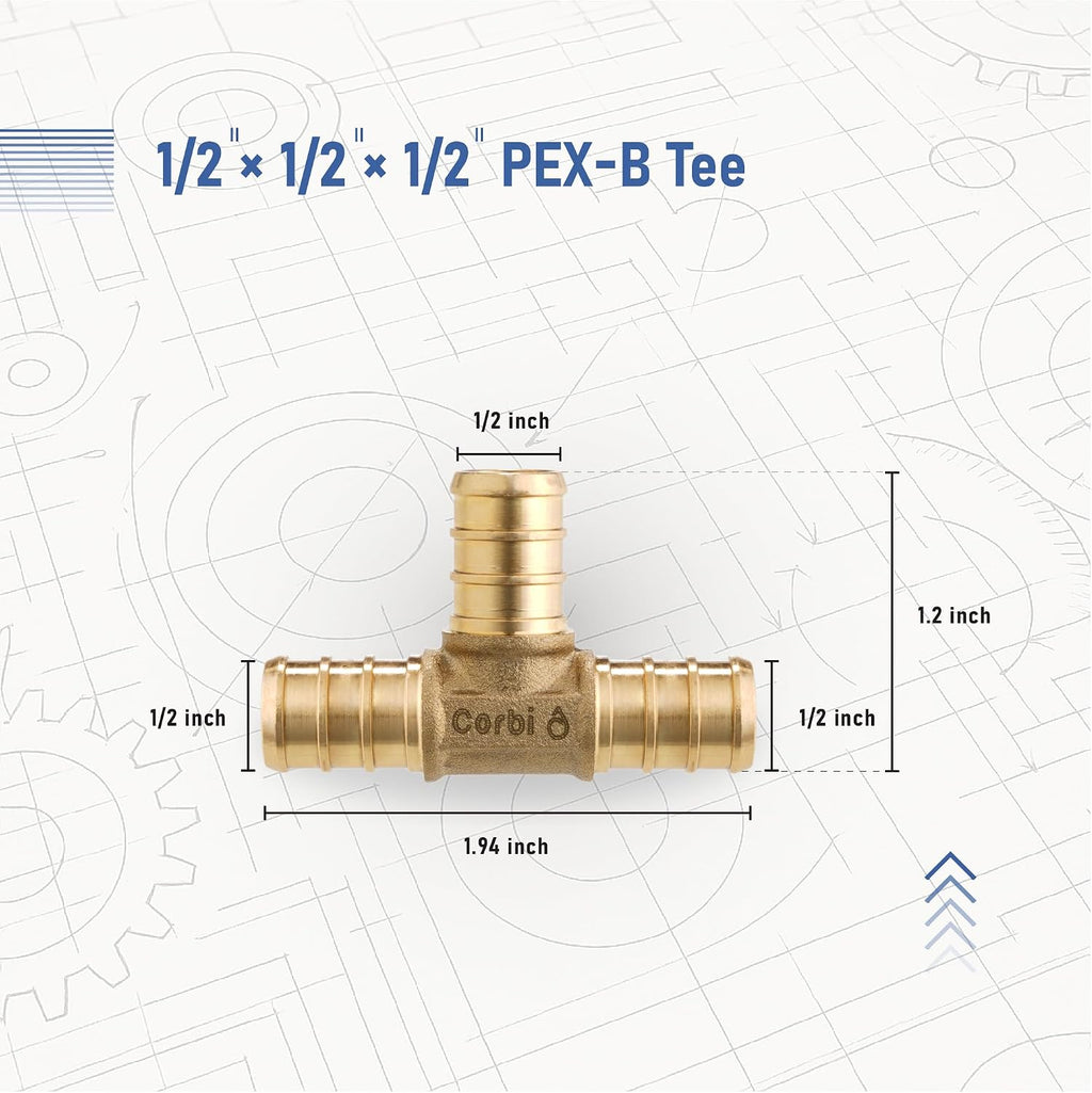 1/2 INCH PEX-B TEE Fittings (12-Pack), Lead-Free Brass, Compatible with Crimp & Clamp Rings for PEX A/B/C Tubing, NSF Certified, Corrosion Resistant Connectors for Water Lines & Radiant Heating