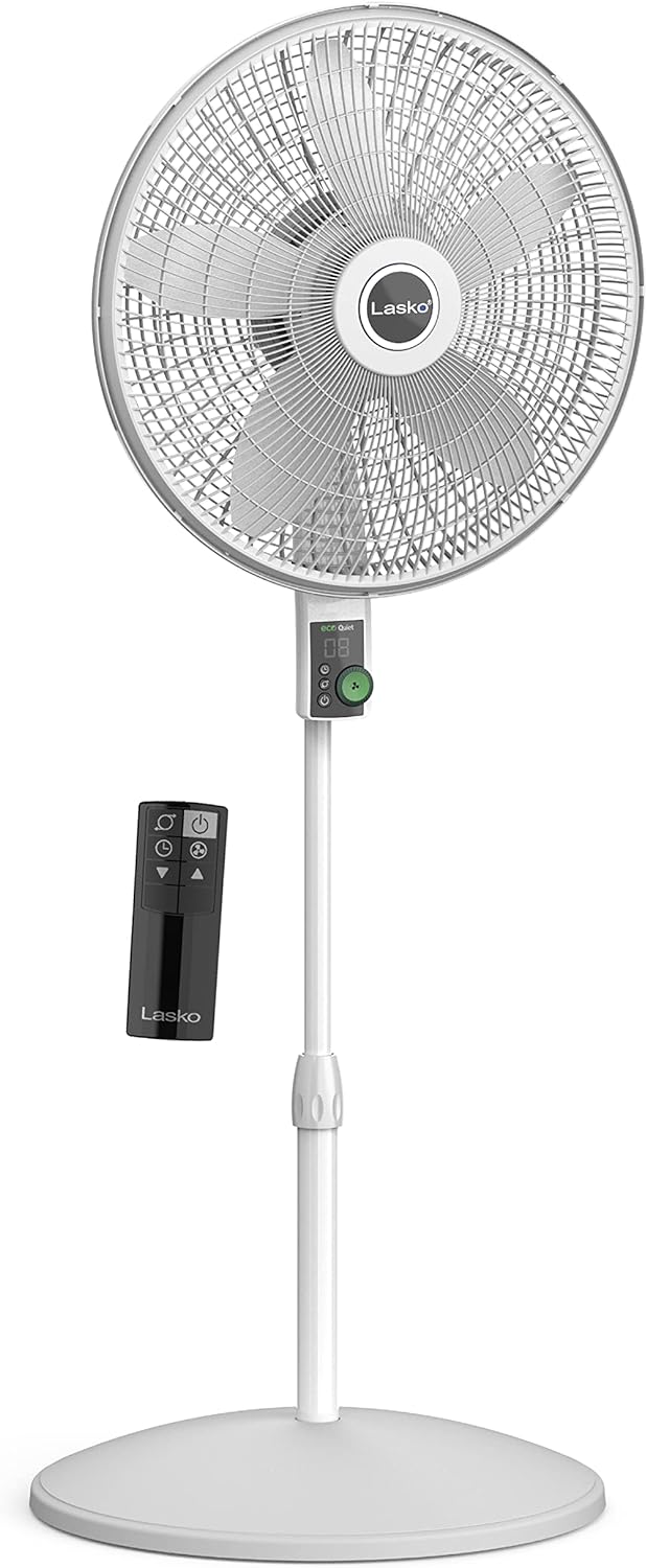 EcoQuiet Oscillating Pedestal Fan with Whisper Quiet DC Motor, 12 Speeds, 8 Hour Timer, Adjustable Height, Remote