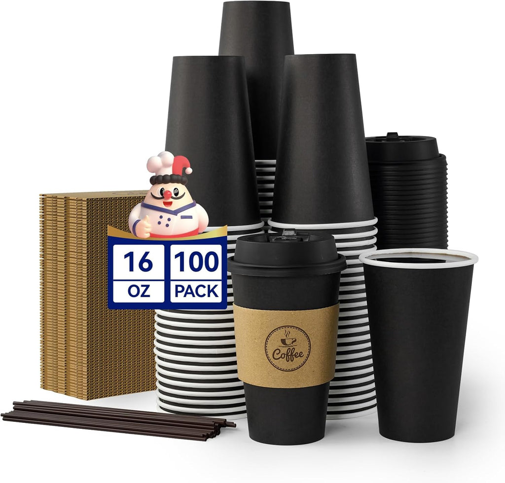 16 oz Black Coffee Cups with Lids, Sleeves & Stirrers 100 Pack