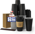 16 oz Black Coffee Cups with Lids, Sleeves & Stirrers 100 Pack