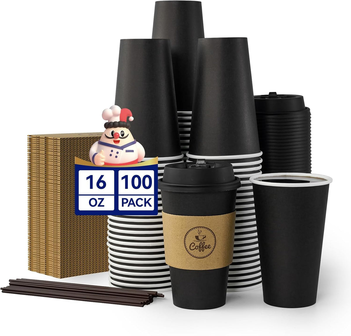 16 oz Black Coffee Cups with Lids, Sleeves & Stirrers 100 Pack