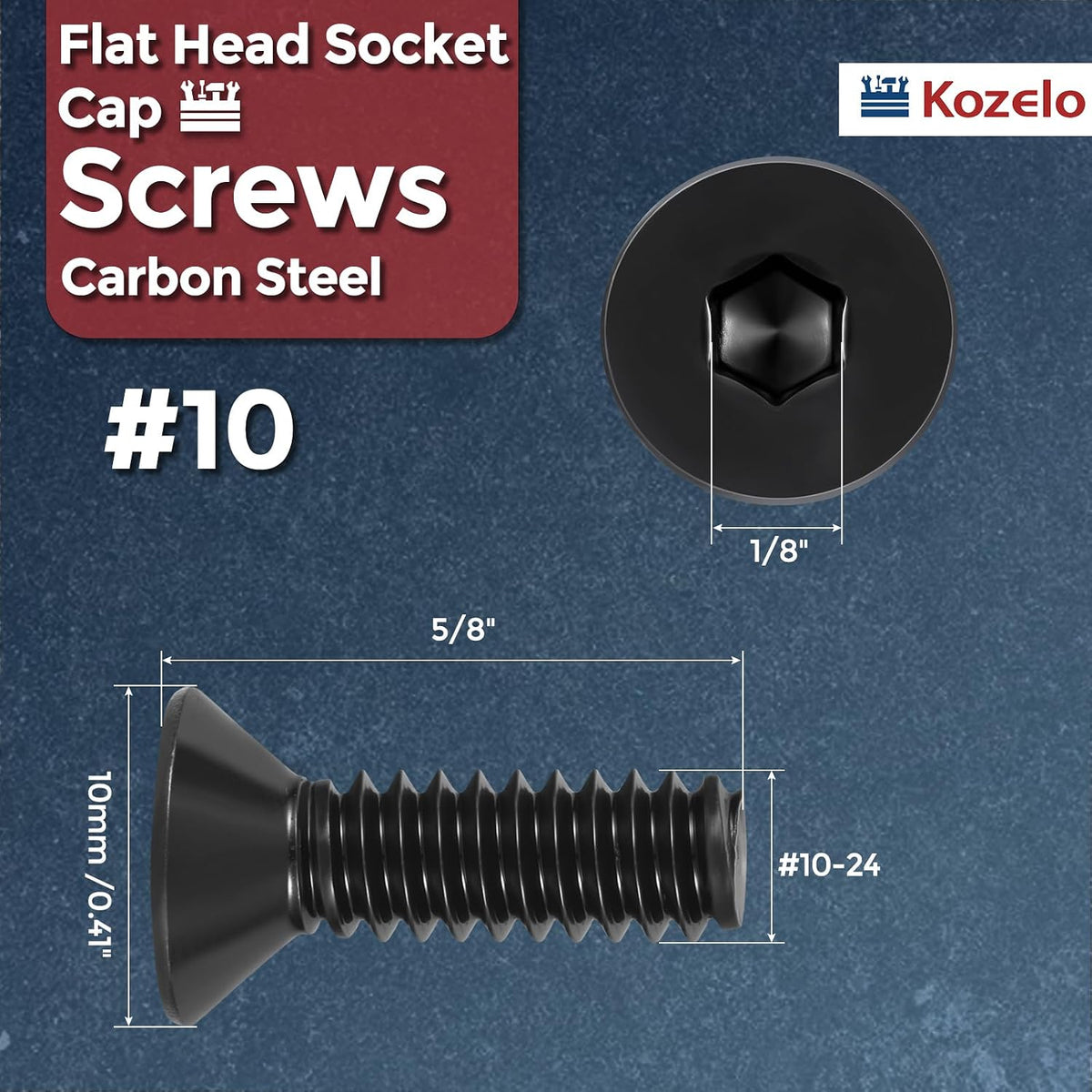 50Pcs #10-24x5/8 Flat Head Socket Cap Screw Countersunk Bolt