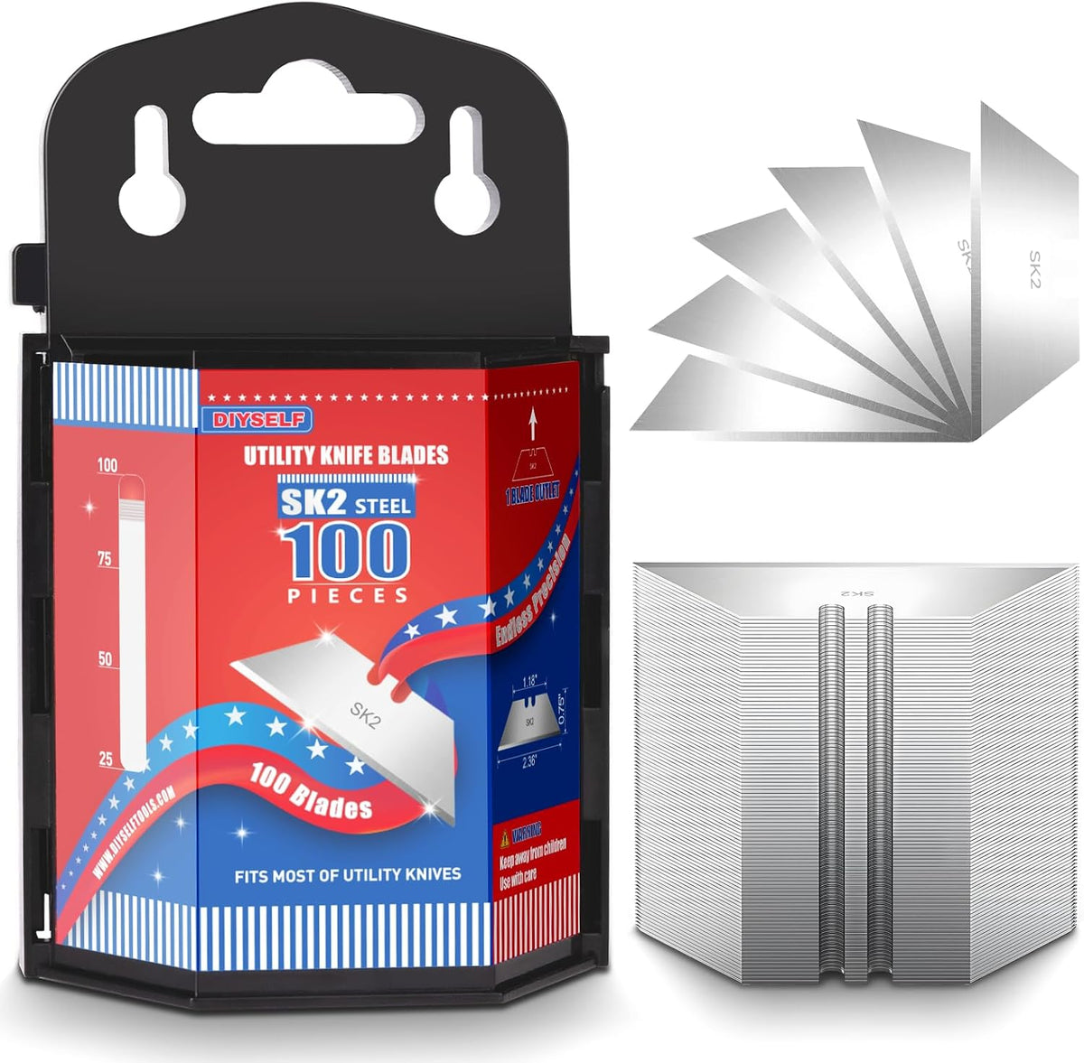 100 Pack Box Cutter Blades, SK2 Steel Utility Knife Blade Refills