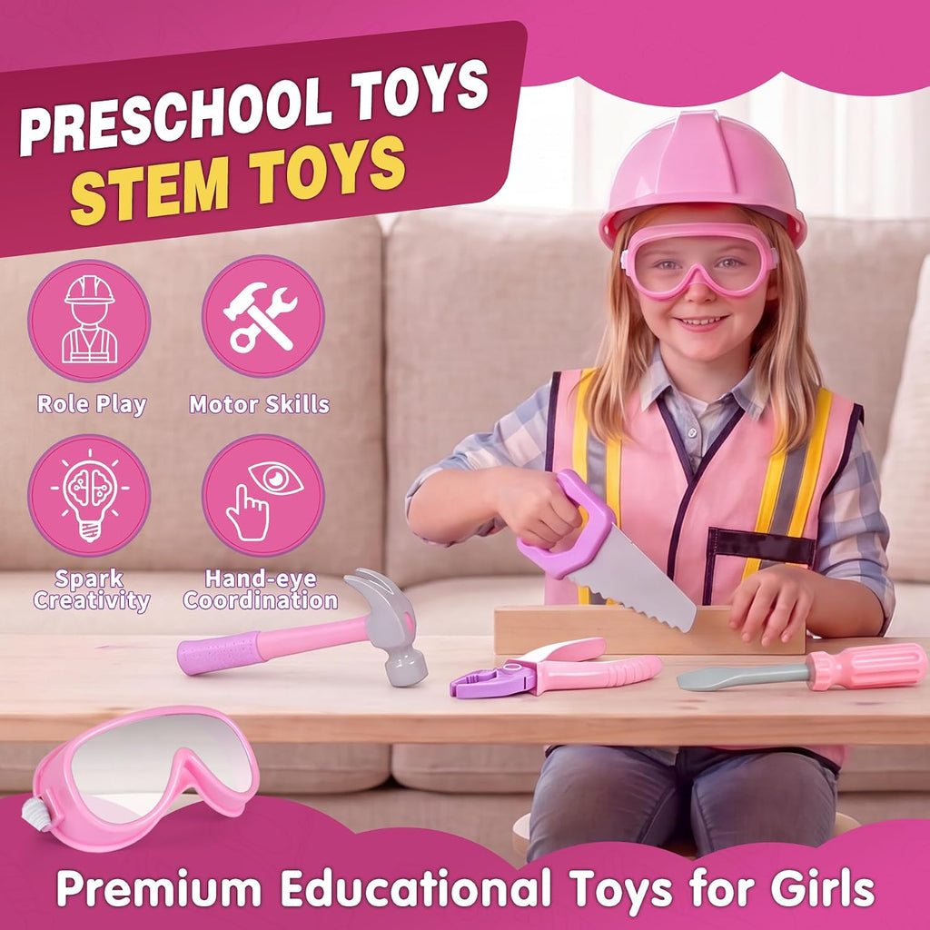 Pink Kids Tool Set with Construction Worker Costume for Girls Ages 3-5 - Toddler Dress Up Clothes, Toy Tools, Hat &