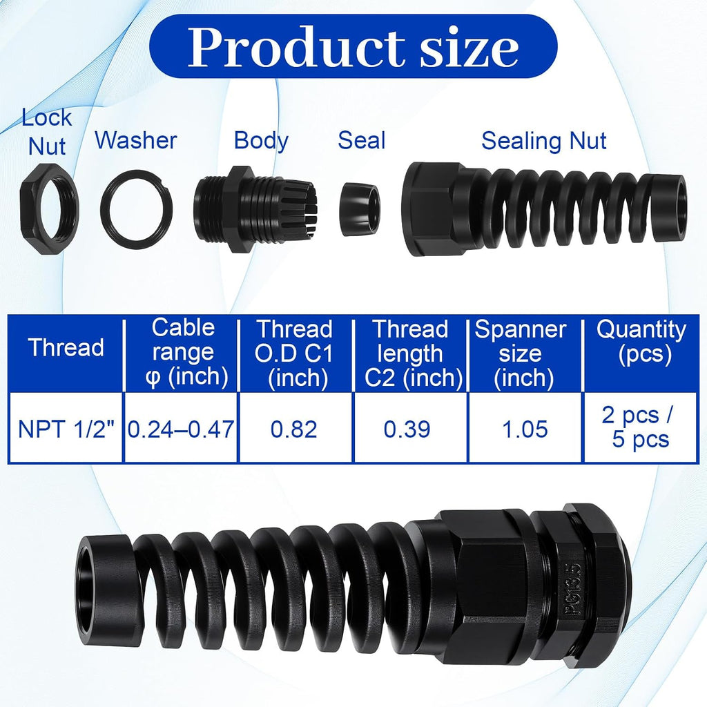 4-Pack NPT 1/2" Waterproof Cable Glands
