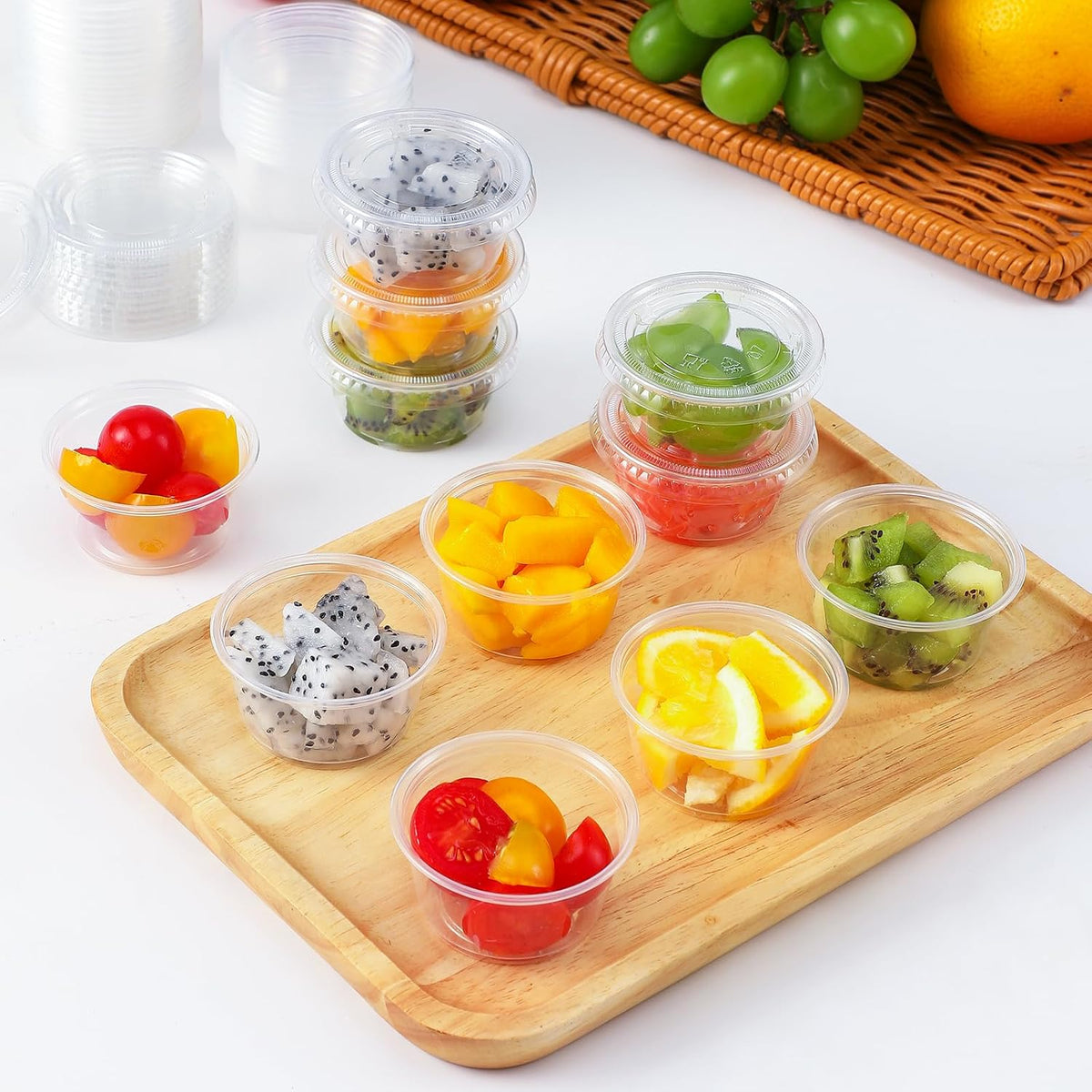 400 Set 2 oz Jello Shot Cups with Lids, Stackable Food Safe Disposable Plastic Portion Condiment Dipping Sauce Cups