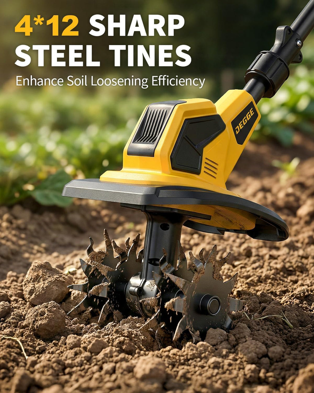 Tiller, Cordless Tiller Cultivator with 48 Steel Tines, 9 inch Tilling Width and 6.7 inch Depth, 2 x 3.0Ah 21V