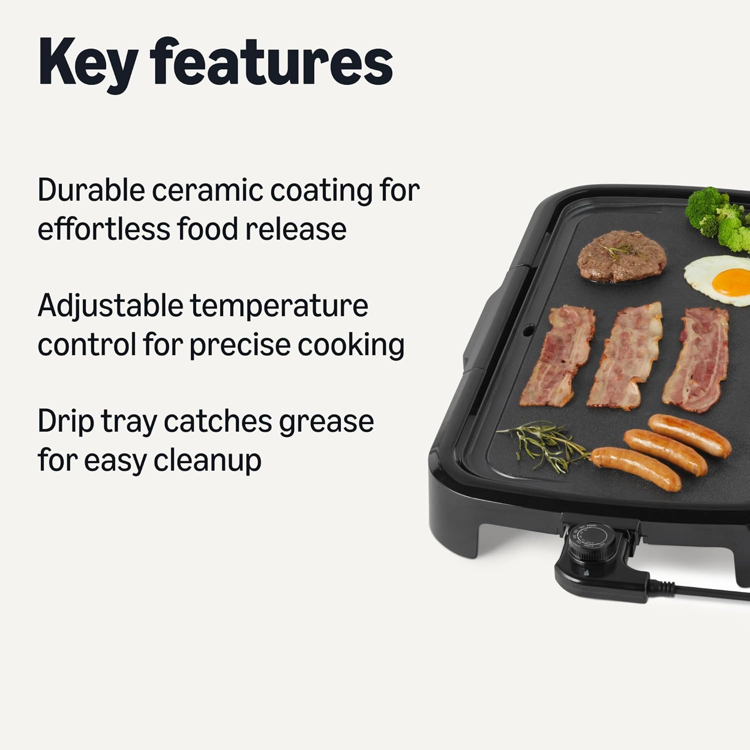 Electric Griddle with Nonstick Ceramic Coating, Adjustable Temperature, Detachable Dishwasher Safe Plate, Drip Tray