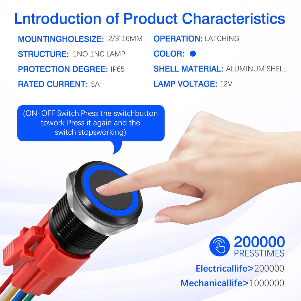 1 Pcs 16mm Latching Push Button Switch (Blue Light)