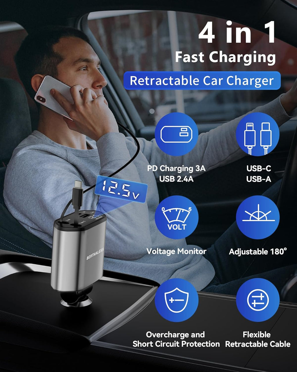 Retractable Car Charger, 4 in 1 Fast Charging Car Charger with USB-C & USB-A, Compatible with iPhone