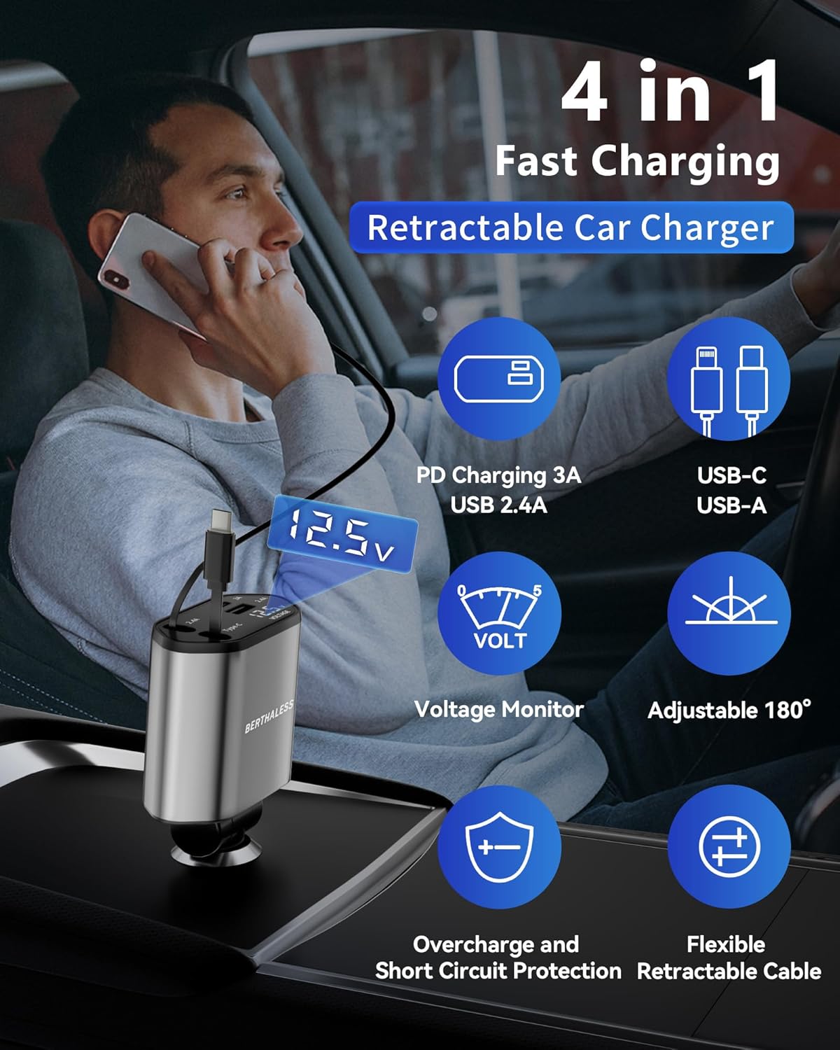 Retractable Car Charger, 4 in 1 Fast Charging Car Charger with USB-C & USB-A, Compatible with iPhone