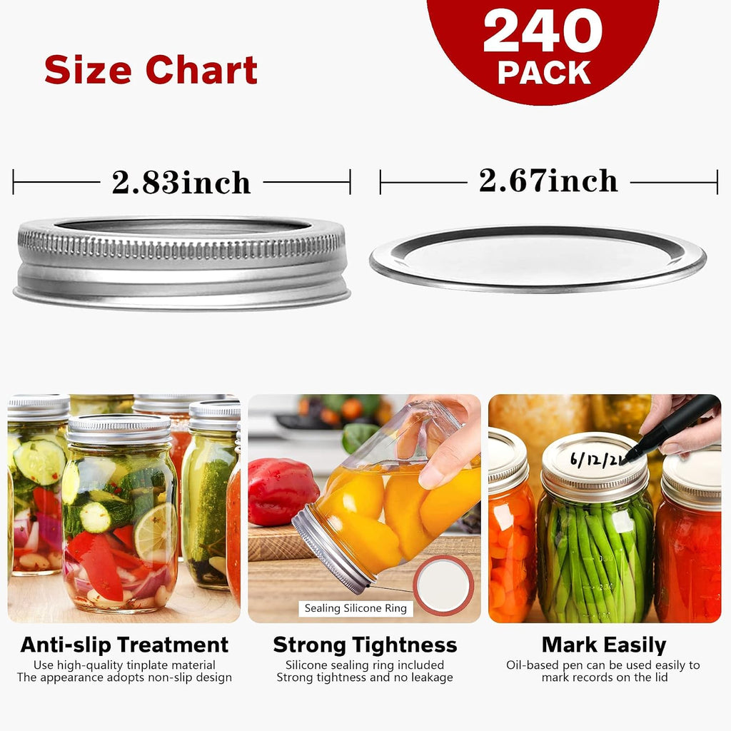 Canning Lids and Rings Regular Mouth,240 Pcs 70MM Mason Jar Lids and Rings Set for Regular Mouth Canning,Split-type