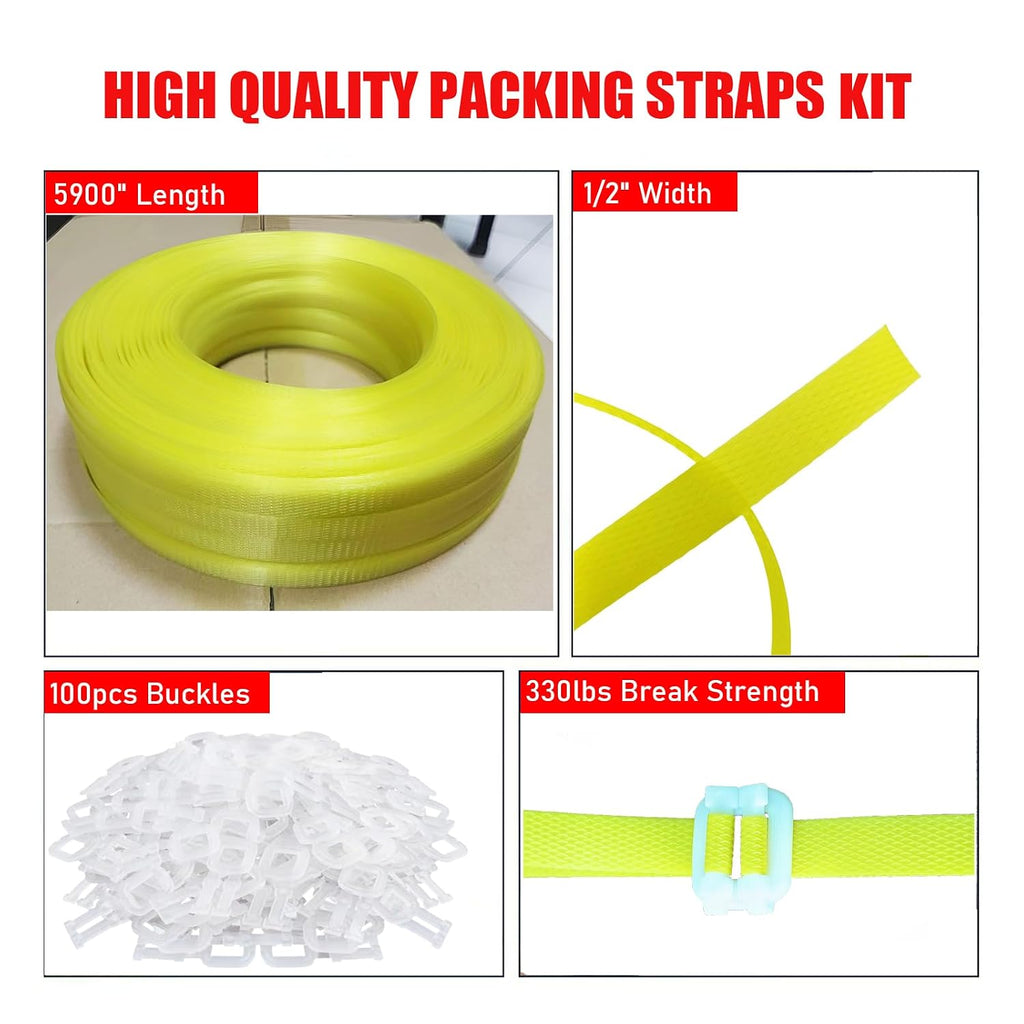 Banding Strapping Kit, Packaging Strapping Tool, Yellow | 5900" Length Poly Strapping, 100 Buckles