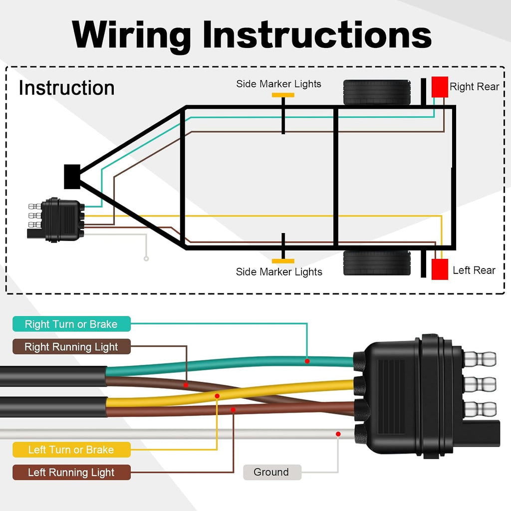 25FT 4 Pin 5 Wire Trailer Wiring Harness Kit, 18 AWG