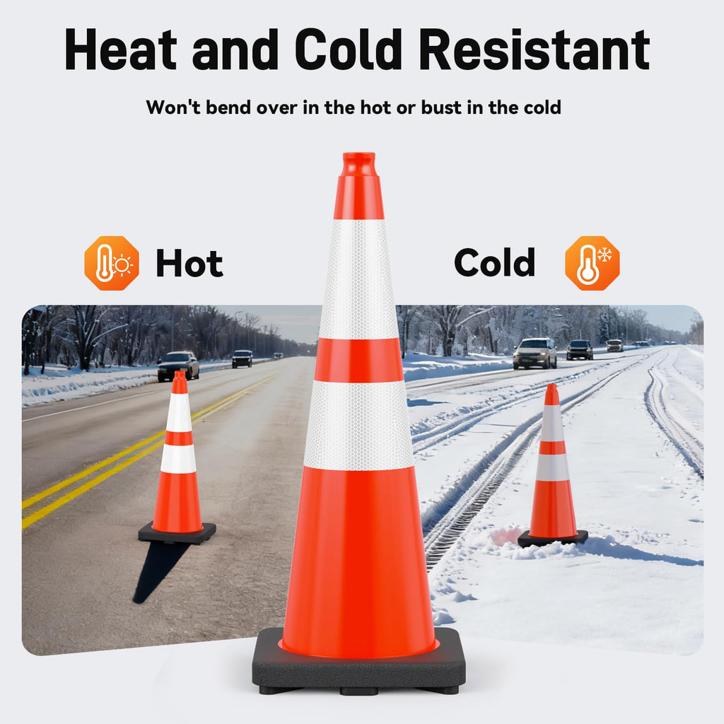 6 Pack 28" Traffic Cones with Weighted Base, Orange | Reflective Strip Aids Visibility; Stackable Storage; PVC