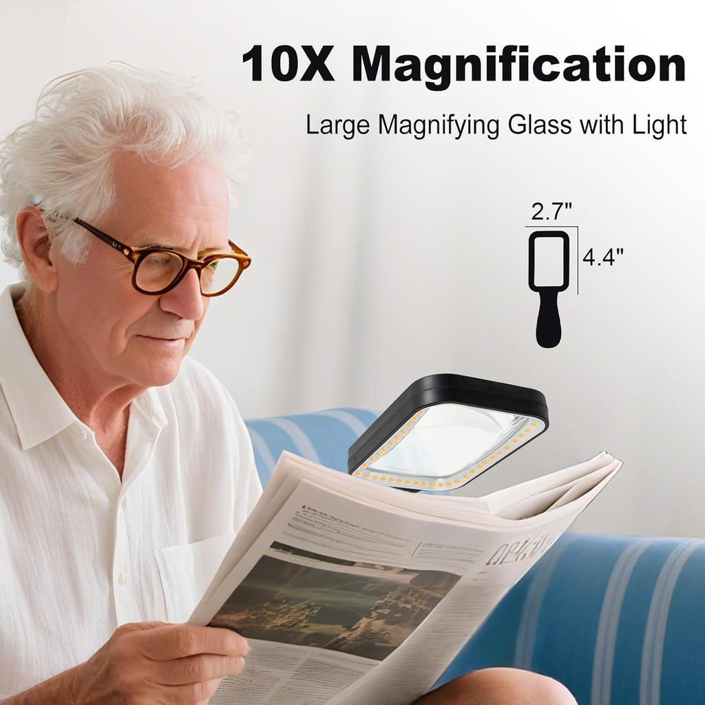 10X Magnifying Glass with Light, Rechargeable Magnifier with 3 Color Modes, Lighted Magnifying Glass Handheld for