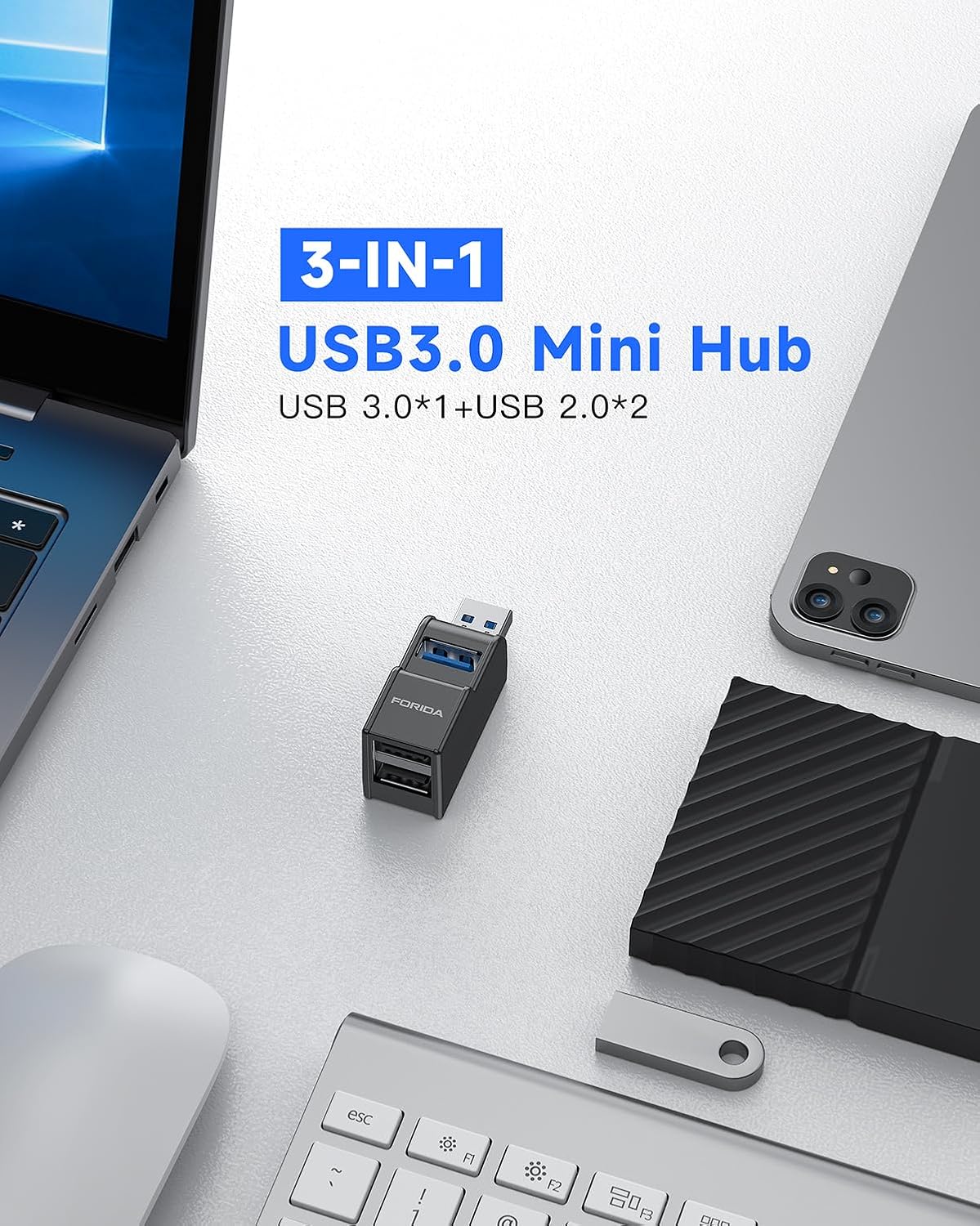 3 Ports USB Adapter, USB Hub with USB 3.0 and Double USB Adapter, Portable USB Splitter 1 in 3 Out for Keyborad