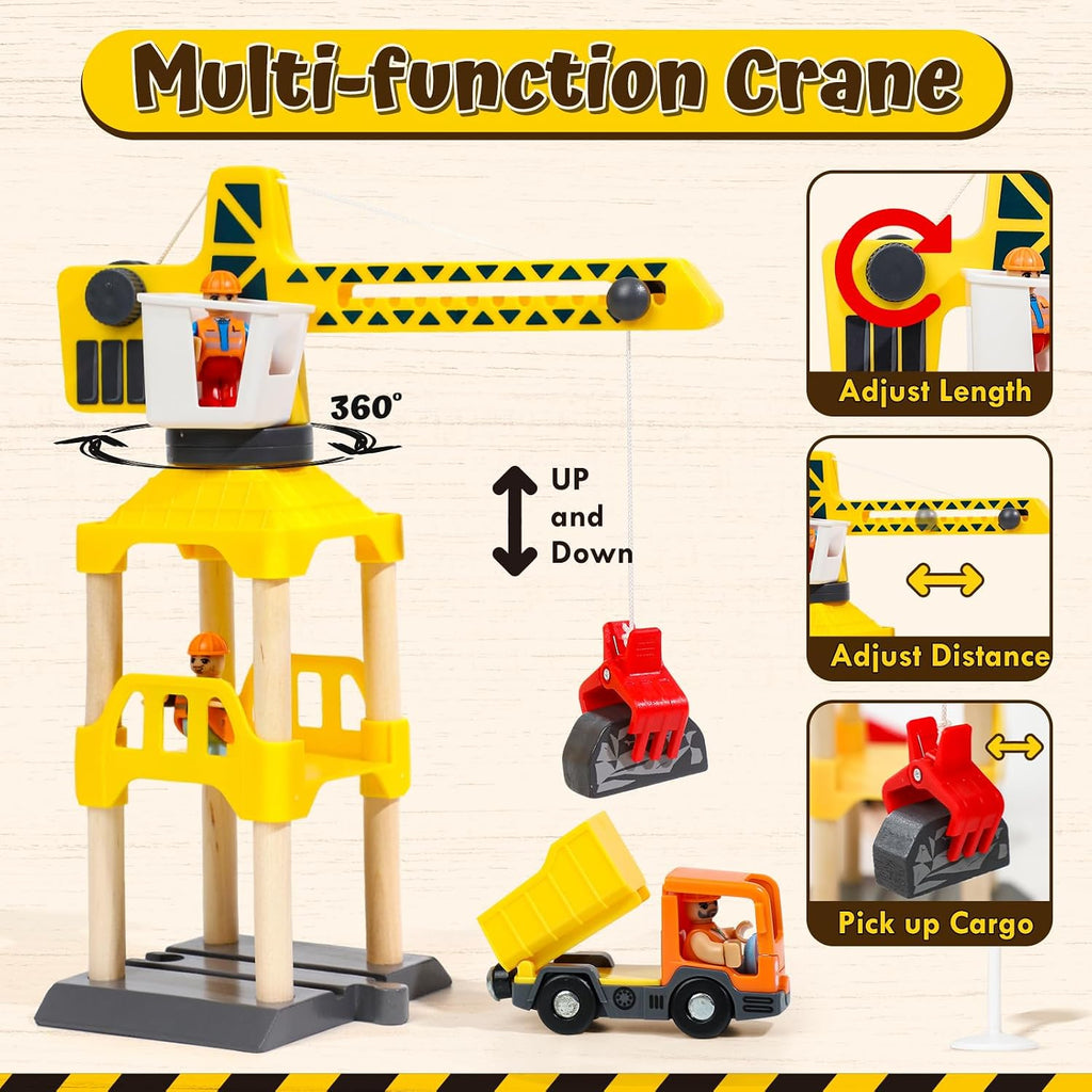 Wooden Train Set, Construction Toys for 3 Year Old Boys | Wooden Train Track Set for Kids w/Crane, Toy Train Railway